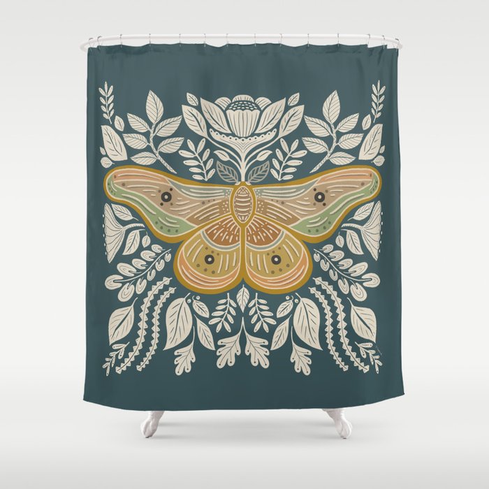 Moth Floral | Gold, Blue-Green Shower Curtain Gallery Image 1