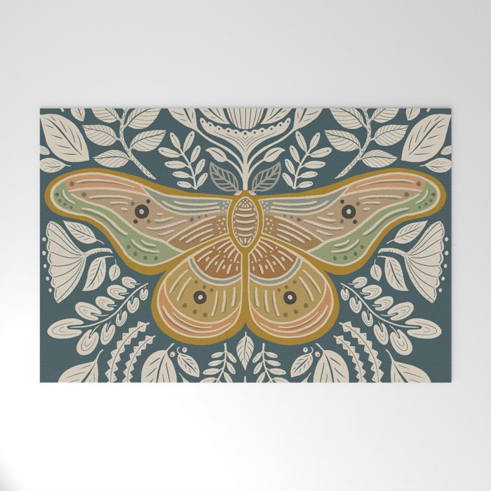 Moth Floral | Gold, Blue-Green Welcome Mat Gallery Image 1