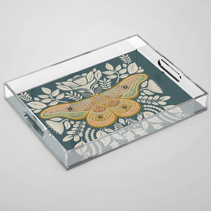 Moth Floral | Gold, Blue-Green Acrylic Tray Gallery Image 1