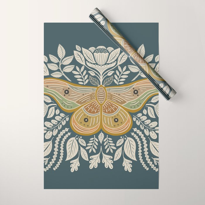 Moth Floral | Gold, Blue-Green Wrapping Paper Gallery Image 1