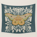 Moth Floral | Gold, Blue-Green Wall Tapestry Gallery Image 4