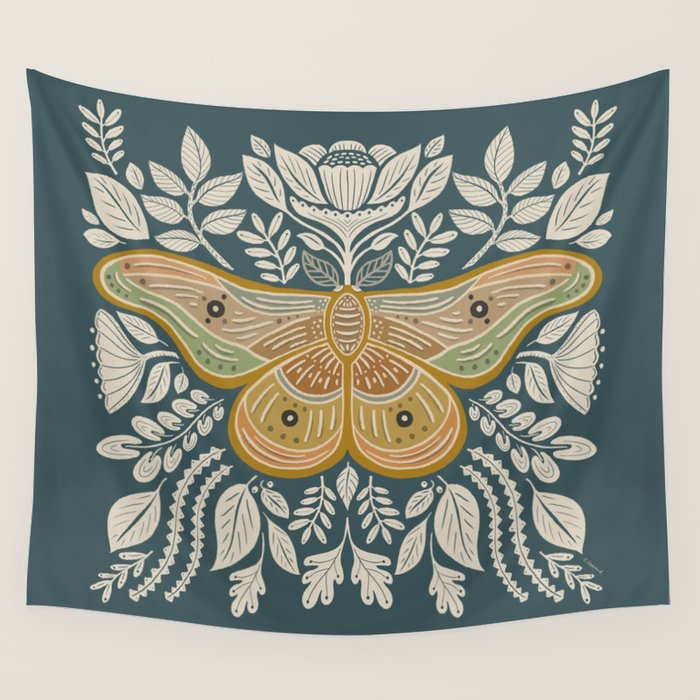Moth Floral | Gold, Blue-Green Wall Tapestry Gallery Image 4