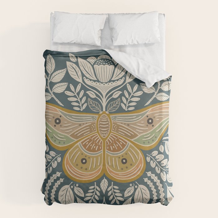 Moth Floral | Gold, Blue-Green Duvet Cover Gallery Image 6