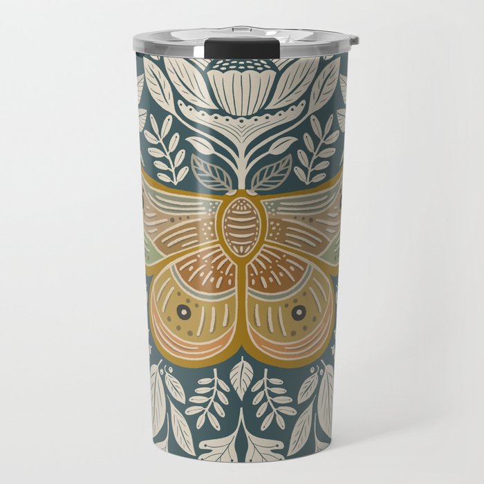 Moth Floral | Gold, Blue-Green Travel Mug Gallery Image 1