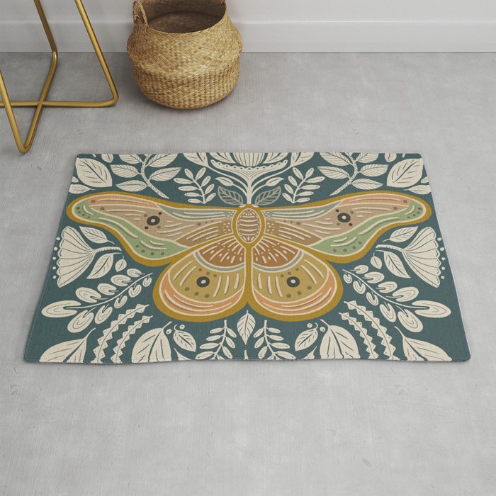 Moth Floral | Gold, Blue-Green Rug Gallery Image 1