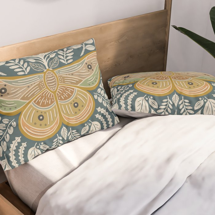 Moth Floral | Gold, Blue-Green Pillow Sham Gallery Image 2