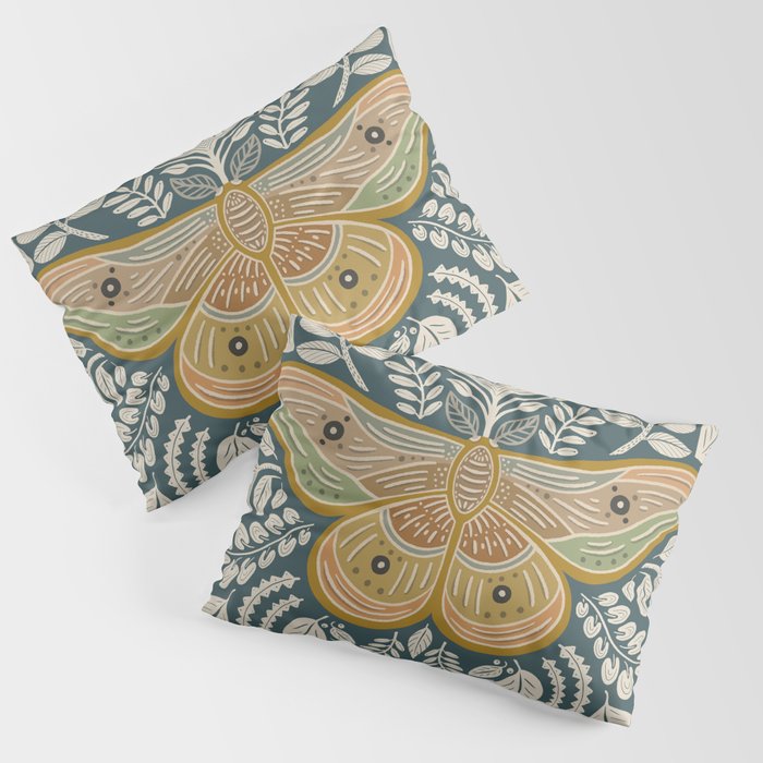 Moth Floral | Gold, Blue-Green Pillow Sham Gallery Image 1