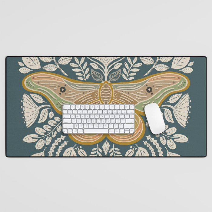 Moth Floral | Gold, Blue-Green Desk Mat Gallery Image 1