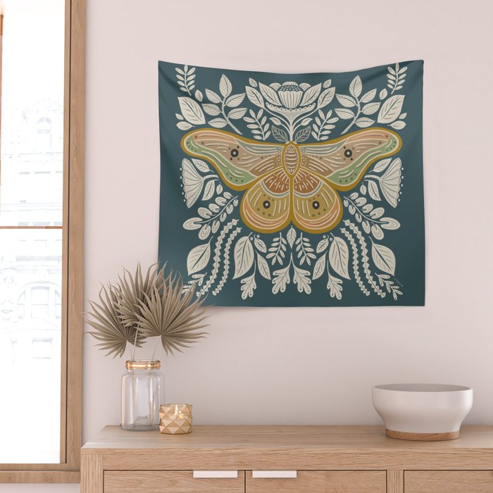 Moth Floral | Gold, Blue-Green Wall Tapestry Gallery Image 2