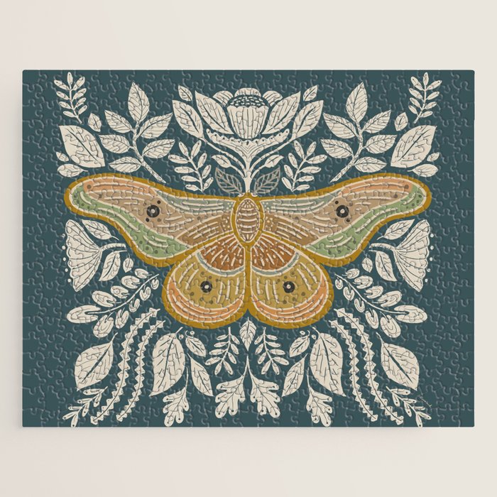 Moth Floral | Gold, Blue-Green Jigsaw Puzzle Gallery Image 1