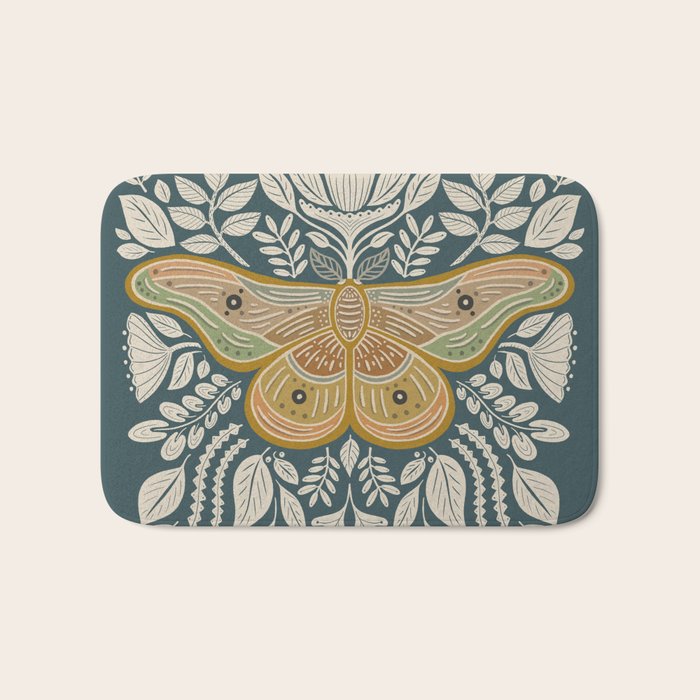 Moth Floral | Gold, Blue-Green Bath Mat Gallery Image 1