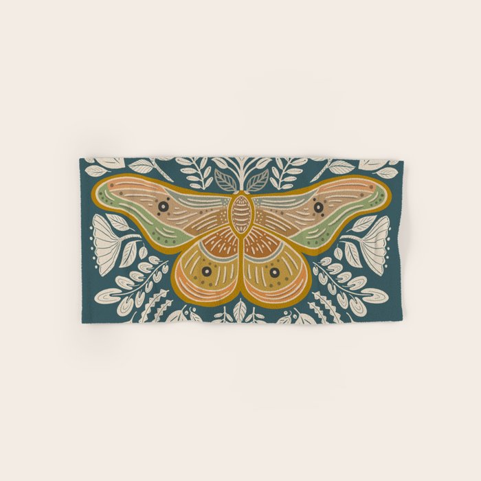 Moth Floral | Gold, Blue-Green Bath Towel Gallery Image 1