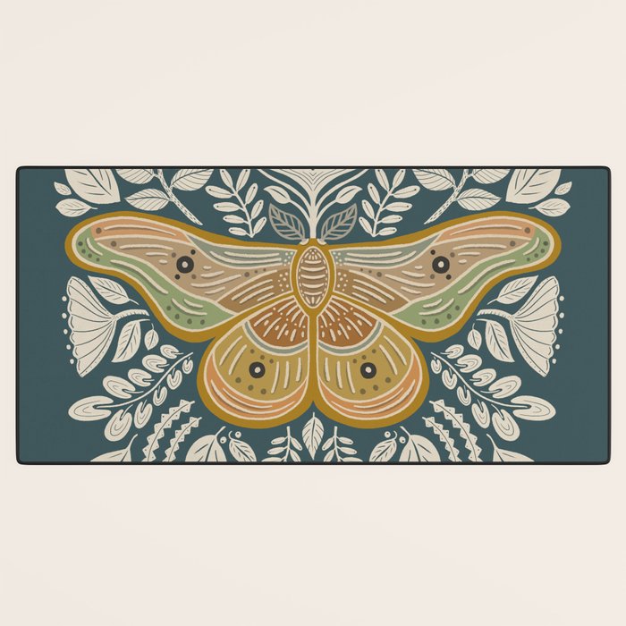 Moth Floral | Gold, Blue-Green Desk Mat Gallery Image 3