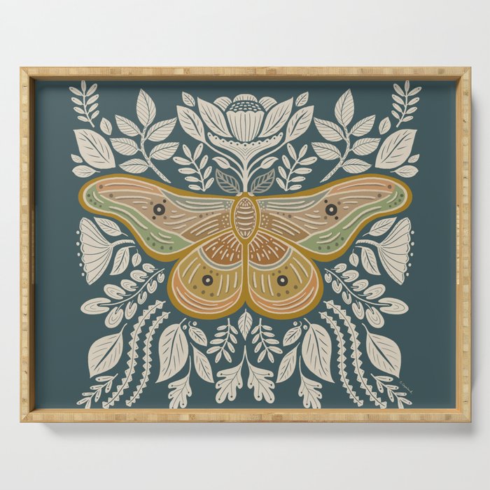 Moth Floral | Gold, Blue-Green Serving Tray Gallery Image 1