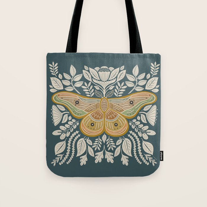 Moth Floral | Gold, Blue-Green Tote Bag Gallery Image 1