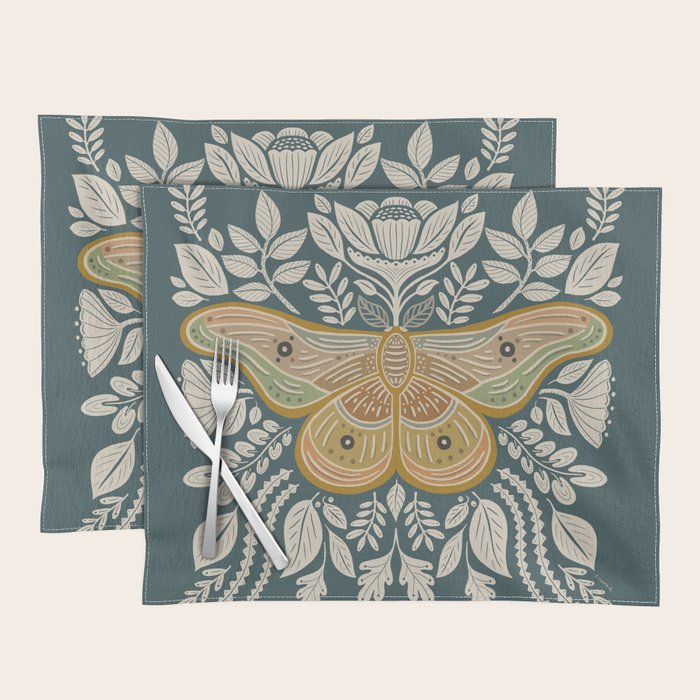 Moth Floral | Gold, Blue-Green Placemat Gallery Image 1