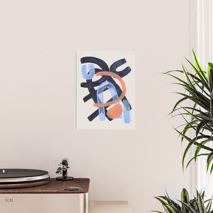 Midcentury Modern Minimalist Funky Cool Tribal Pattern Paynes Grey Pastel Blue Tan Shapes by Ejaaz Haniff Poster Gallery Image 2
