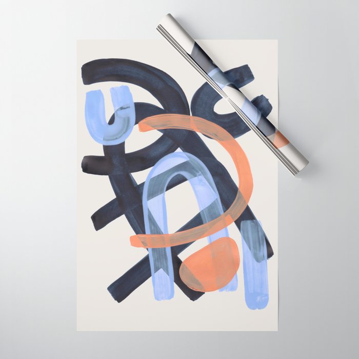 Midcentury Modern Minimalist Funky Cool Tribal Pattern Paynes Grey Pastel Blue Tan Shapes by Ejaaz Haniff Wrapping Paper Gallery Image 1