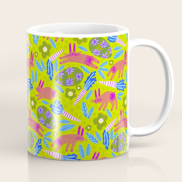 Happy Colorful Rabbits & Decorative Eggs in Chartreuse & Pink Coffee Mug Gallery Image 1