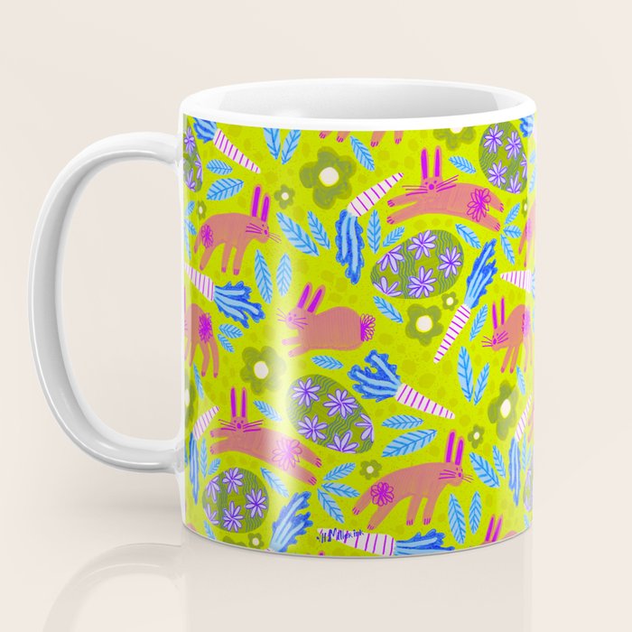 Happy Colorful Rabbits & Decorative Eggs in Chartreuse & Pink Coffee Mug Gallery Image 3