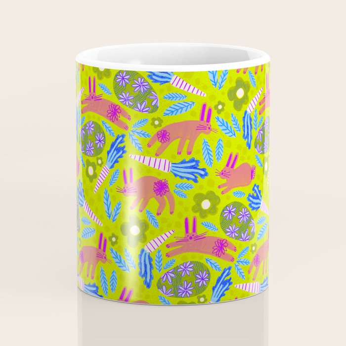 Happy Colorful Rabbits & Decorative Eggs in Chartreuse & Pink Coffee Mug Gallery Image 4