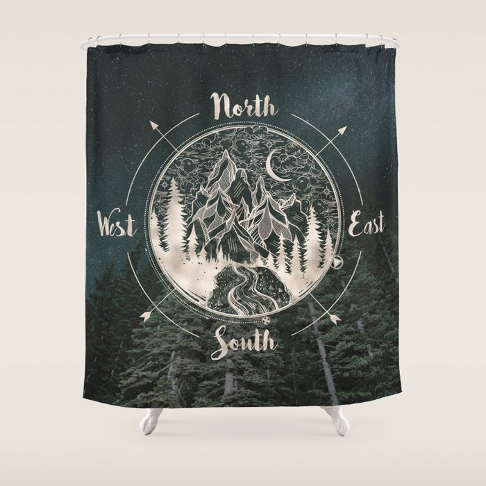Mountains Compass Milky Way Woods Gold Shower Curtain Gallery Image 1