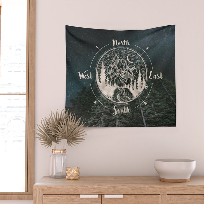 Mountains Compass Milky Way Woods Gold Wall Tapestry Gallery Image 2