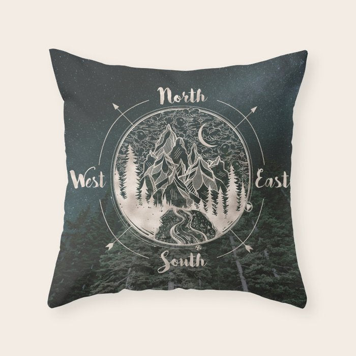 Mountains Compass Milky Way Woods Gold Throw Pillow Gallery Image 6