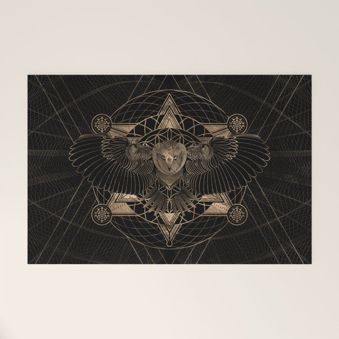 Owl in Sacred Geometry Composition - Black and Gold Welcome Mat Gallery Image 1