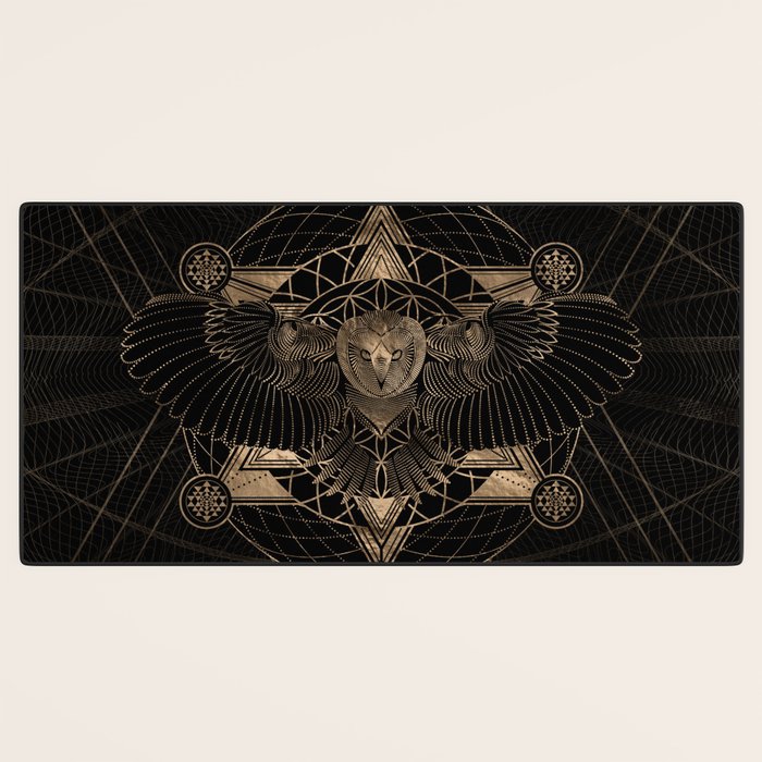 Owl in Sacred Geometry Composition - Black and Gold Desk Mat Gallery Image 3