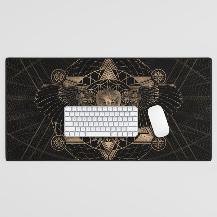 Owl in Sacred Geometry Composition - Black and Gold Desk Mat Gallery Image 1