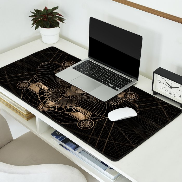 Owl in Sacred Geometry Composition - Black and Gold Desk Mat Gallery Image 2