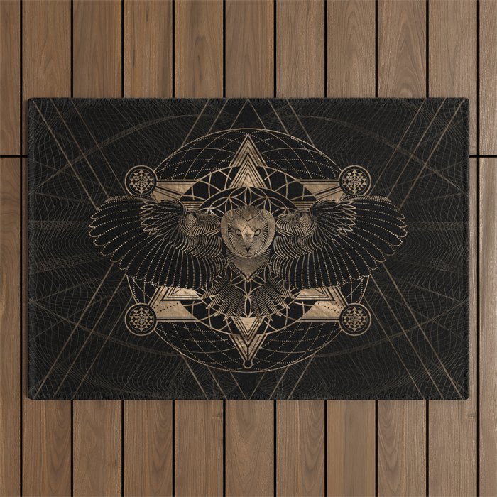 Owl in Sacred Geometry Composition - Black and Gold Outdoor Rug Gallery Image 1