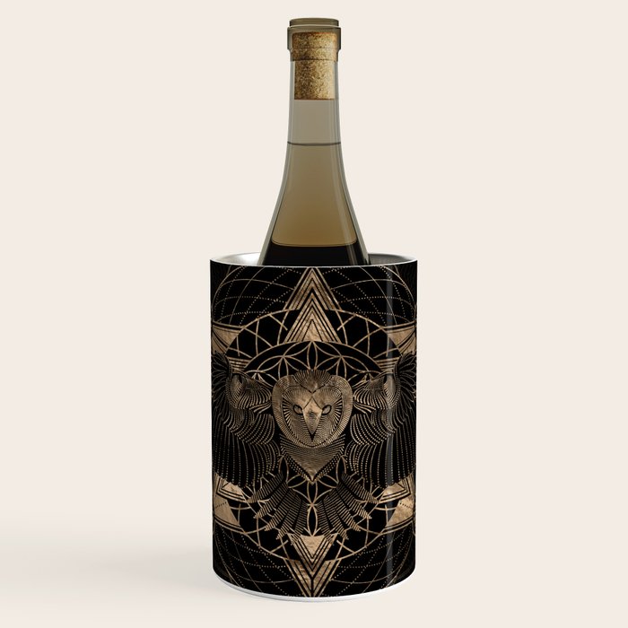 Owl in Sacred Geometry Composition - Black and Gold Wine Chiller Gallery Image 1
