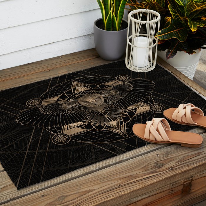 Owl in Sacred Geometry Composition - Black and Gold Outdoor Rug Gallery Image 2