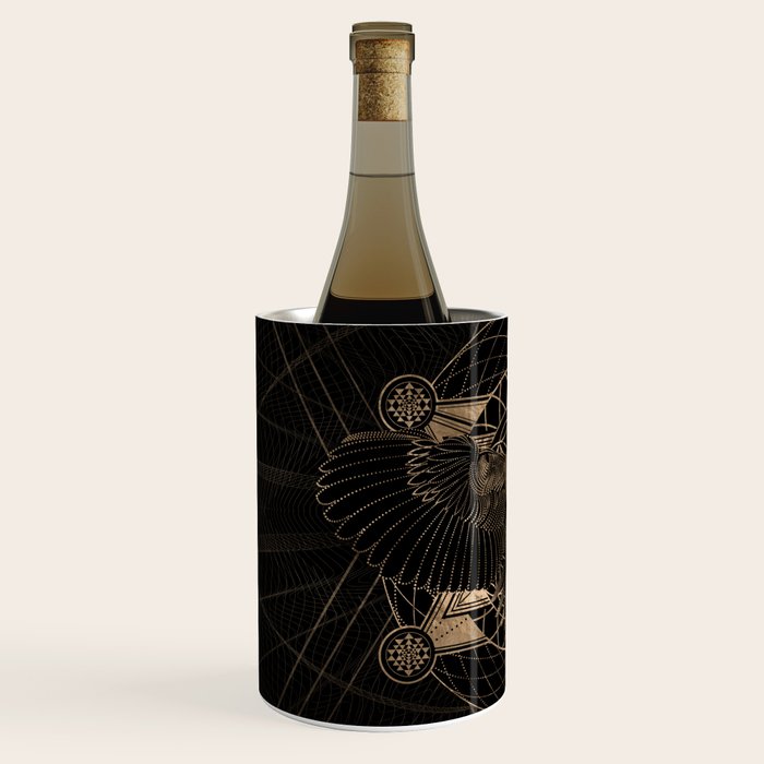 Owl in Sacred Geometry Composition - Black and Gold Wine Chiller Gallery Image 2