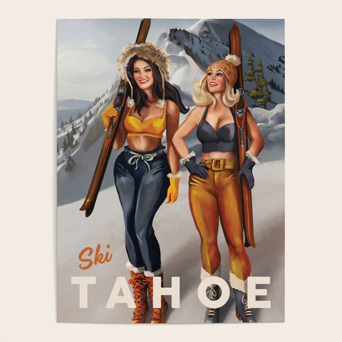 "Ski Tahoe" Cute Pinup Girls Skiing Wall Art Poster Gallery Image 1
