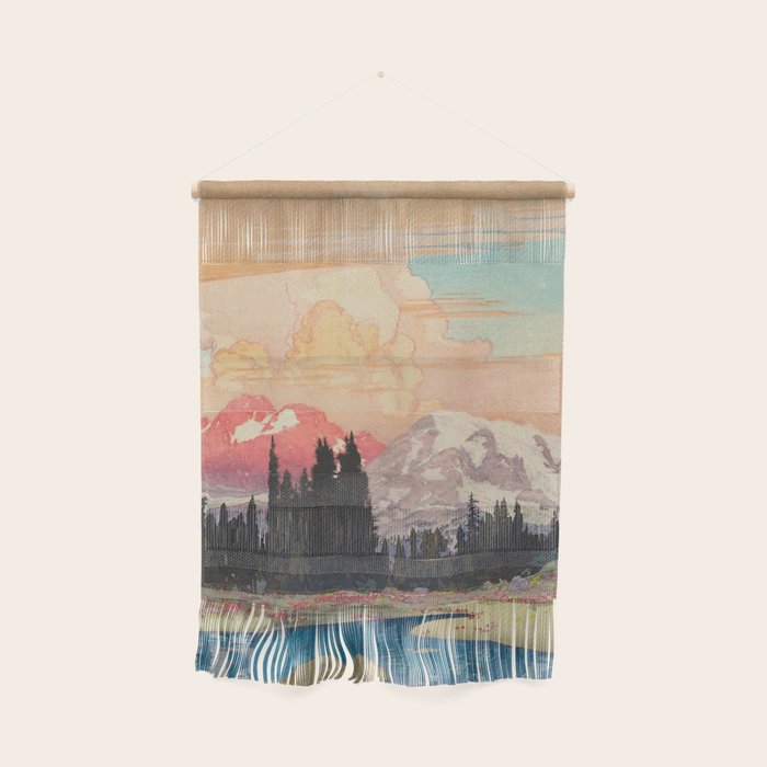 Storms over Keiisino - Winter Mountain & Forest Ukiyoe Nature Landscape in Pink, Blue, and Green Wall Hanging Gallery Image 1