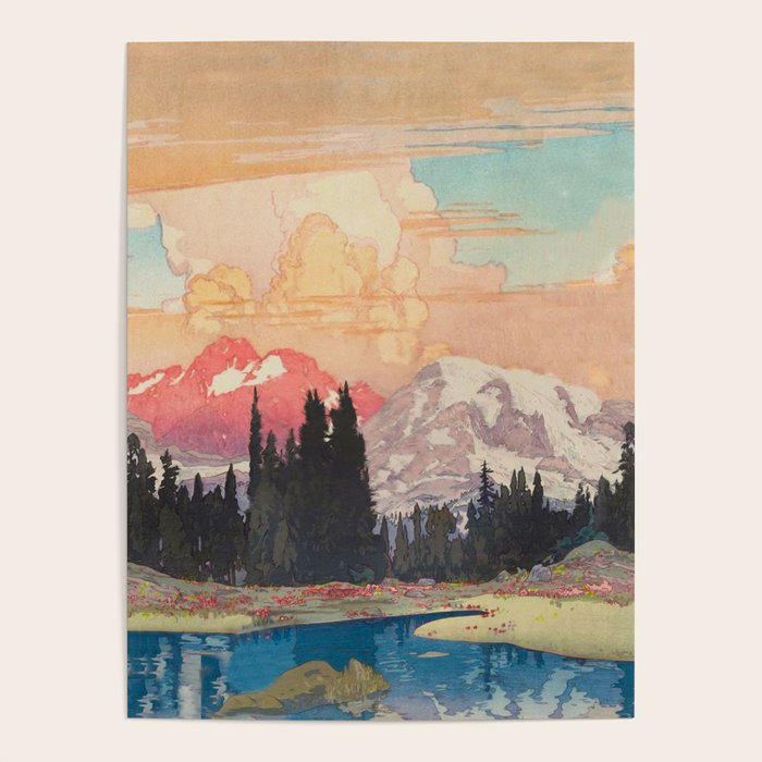 Storms over Keiisino - Winter Mountain & Forest Ukiyoe Nature Landscape in Pink, Blue, and Green Poster Gallery Image 4