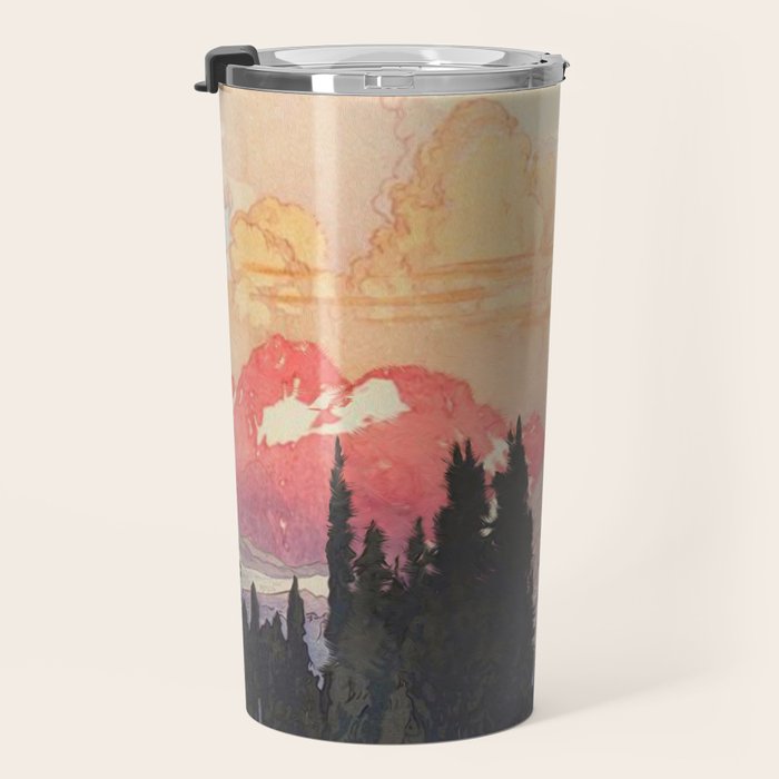 Storms over Keiisino - Winter Mountain & Forest Ukiyoe Nature Landscape in Pink, Blue, and Green Travel Mug Gallery Image 3