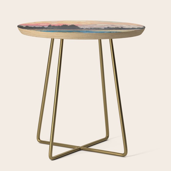 Storms over Keiisino - Winter Mountain & Forest Ukiyoe Nature Landscape in Pink, Blue, and Green Side Table Gallery Image 1