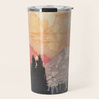 Storms over Keiisino - Winter Mountain & Forest Ukiyoe Nature Landscape in Pink, Blue, and Green Travel Mug Gallery Image 1