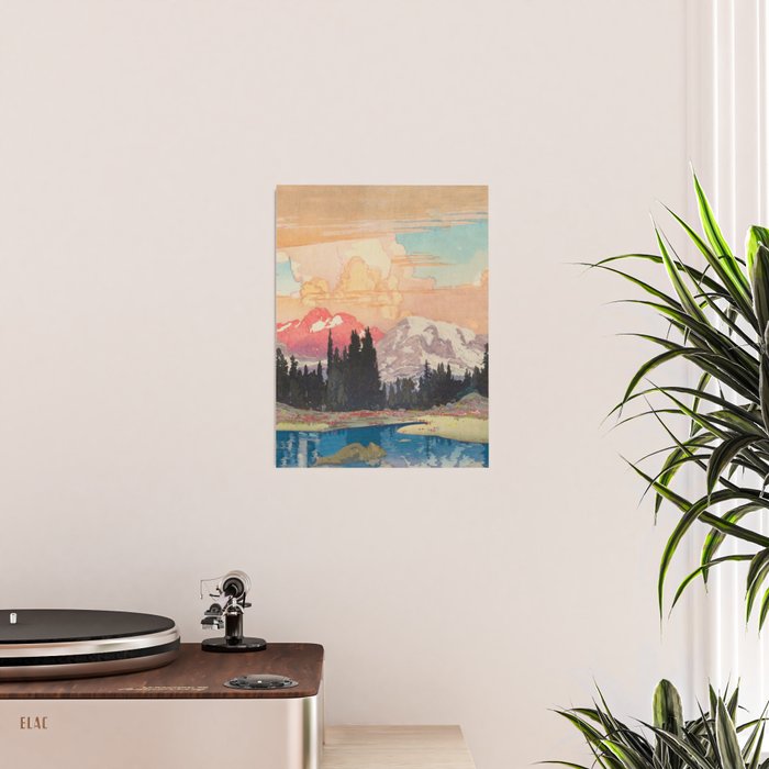 Storms over Keiisino - Winter Mountain & Forest Ukiyoe Nature Landscape in Pink, Blue, and Green Poster Gallery Image 2
