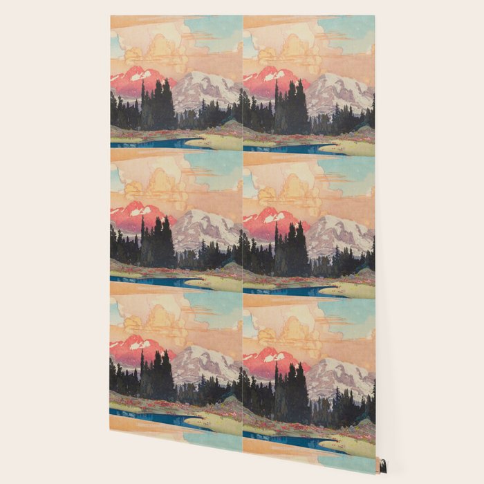 Storms over Keiisino - Winter Mountain & Forest Ukiyoe Nature Landscape in Pink, Blue, and Green Wallpaper Gallery Image 2