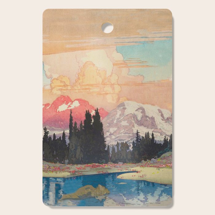 Storms over Keiisino - Winter Mountain & Forest Ukiyoe Nature Landscape in Pink, Blue, and Green Cutting Board Gallery Image 1