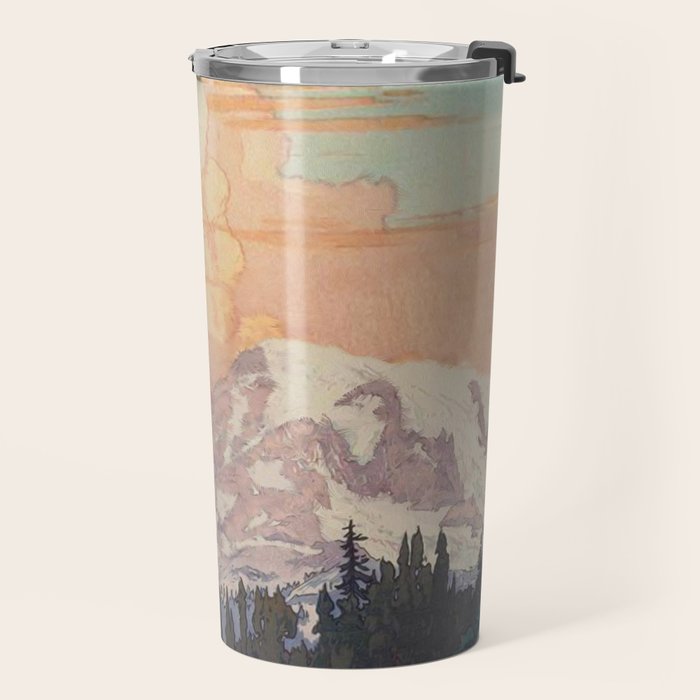 Storms over Keiisino - Winter Mountain & Forest Ukiyoe Nature Landscape in Pink, Blue, and Green Travel Mug Gallery Image 2