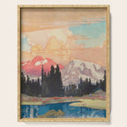 Storms over Keiisino - Winter Mountain & Forest Ukiyoe Nature Landscape in Pink, Blue, and Green Serving Tray Gallery Image 1