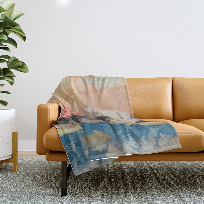 Storms over Keiisino - Winter Mountain & Forest Ukiyoe Nature Landscape in Pink, Blue, and Green Throw Blanket Gallery Image 1