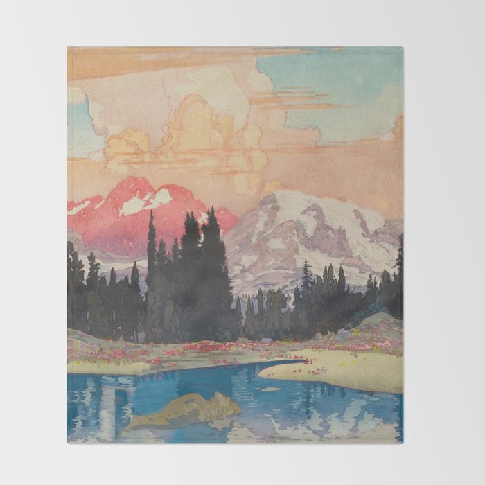 Storms over Keiisino - Winter Mountain & Forest Ukiyoe Nature Landscape in Pink, Blue, and Green Throw Blanket Gallery Image 2
