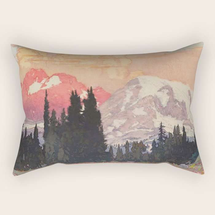 Storms over Keiisino - Winter Mountain & Forest Ukiyoe Nature Landscape in Pink, Blue, and Green Rectangular Pillow Gallery Image 1